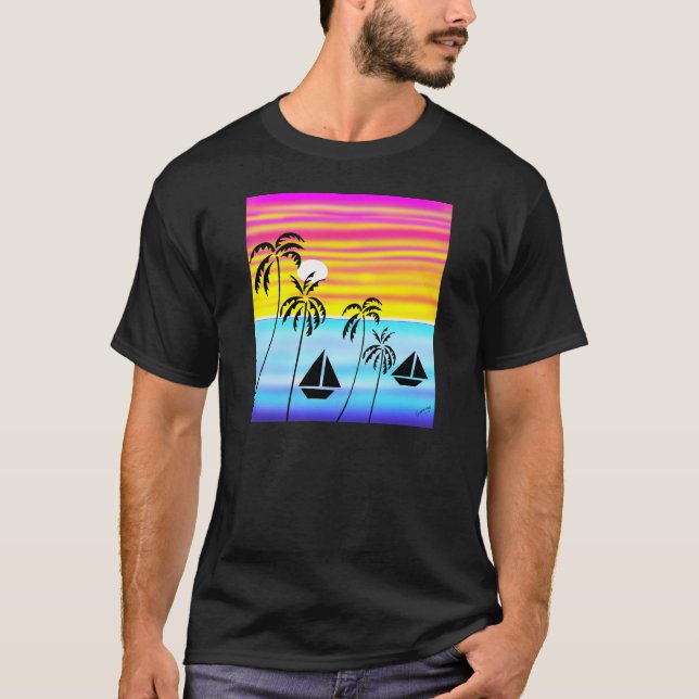 Summer and Holiday, Tropical Sunset Sailing T-Shirt (Front)