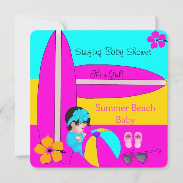 Summer Baby Shower Girl Beach Baby Surfing Baby 5 Invitation (Front)
