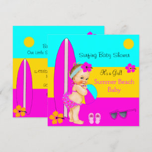 Summer Baby Shower Girl Beach Surfing Blonde Invitation