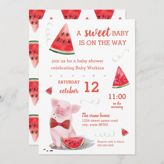 Summer Baby Shower Watermelon Pig Sweet Baby Invitation (Front/Back)