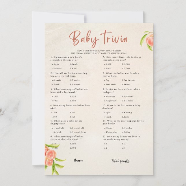 Summer Baby Trivia Baby Shower Game Card (Front)