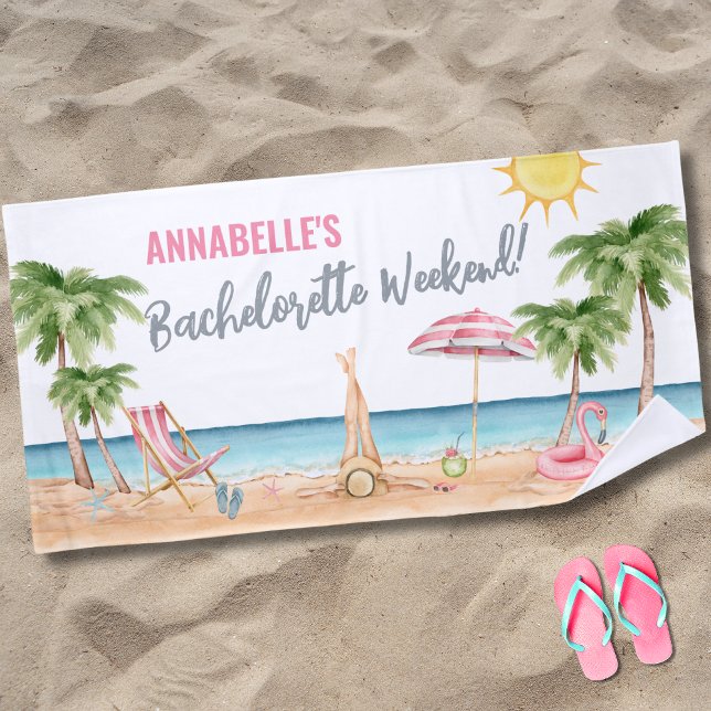 Summer Bachelorette Tropical Name Beach Towel (Watercolor Bachelorette Party Tropical Beach Towel)