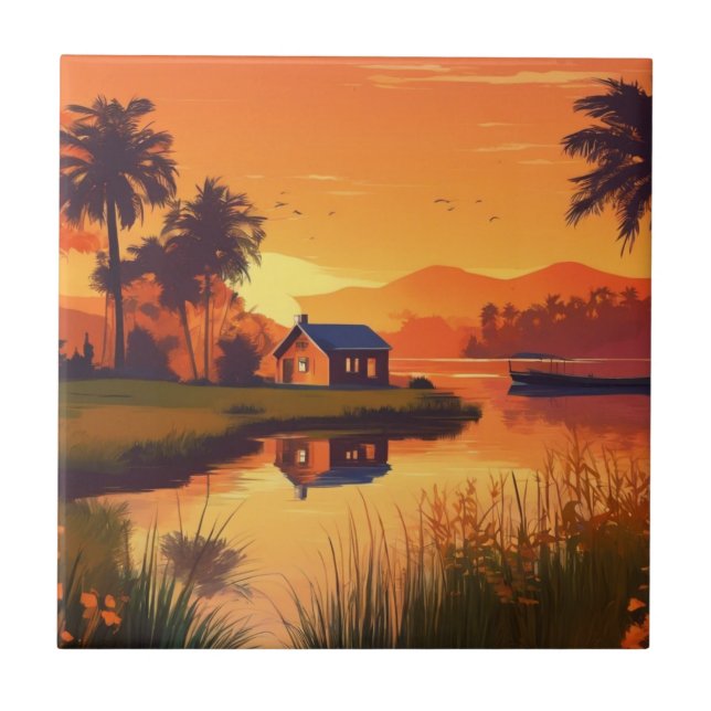 Summer Background With Palm Trees Ceramic Tile (Front)