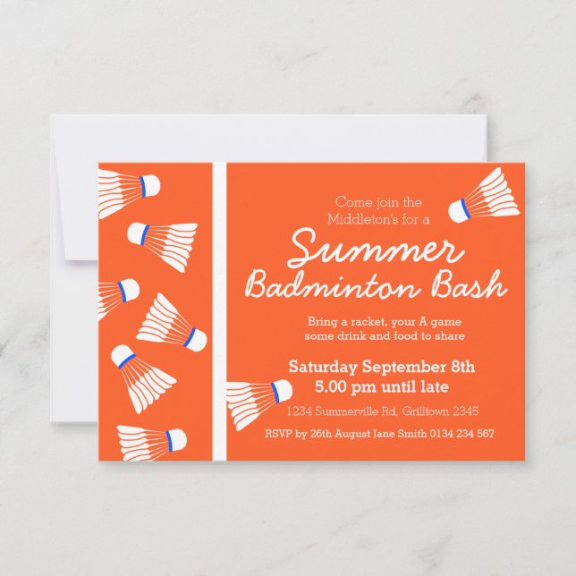 Summer badminton bash party invite orange & white (Front)