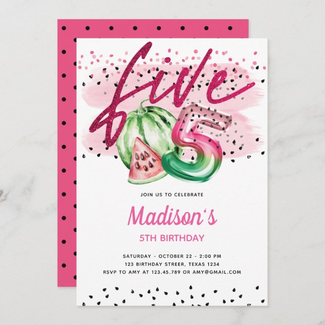 Summer Balloon Letters Melon 5th Birthday Invitation (Front/Back)