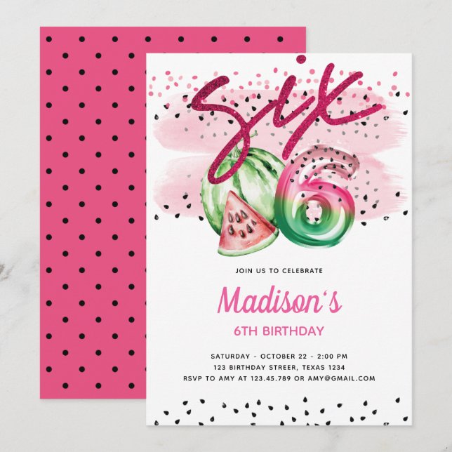 Summer Balloon Letters Melon 6th Birthday Invitation (Front/Back)