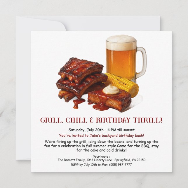 Summer BBQ Birthday Invitation with Beer Backyard  (Front)