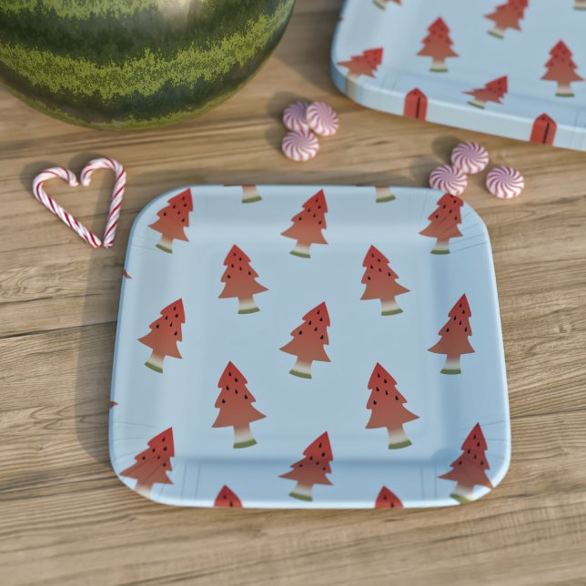 Summer BBQ Christmas in July Watermelon Tree Blue Paper Plate (It's July and you know what that means. Christmas BBQ time. Fun part plates for your Christmas party)