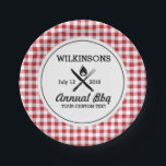 Summer BBQ Grill Cookout Reunion Red Gingham Check Paper Plate<br><div class="desc">A perfect design for your summer bbq, cookout or reunion - crisscrossed grilling utensils and a flame set against a red gingham check background pattern. Personalise by adding your name, event, date and another line of custom text. Celebrate the summer - with this retro/vintage design that's also while fun and...</div>