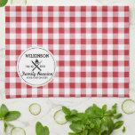 Summer BBQ Grill Cookout Reunion Red Gingham Check Tea Towel<br><div class="desc">A perfect design for your summer bbq, cookout or reunion - crisscrossed grilling utensils and a flame set against a red gingham check background pattern. Personalise by adding your name, event, date and another line of custom text. Celebrate the summer - with this retro/vintage design that's also while fun and...</div>