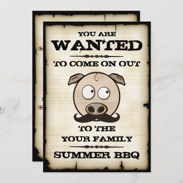 Summer BBQ Moustache Pig Wanted Invitations (Front/Back)