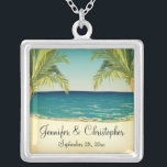 Summer Beach and Palm Trees Wedding Memento Silver Plated Necklace<br><div class="desc">A beach themed wedding design for a summer wedding featuring an image of the ocean and beach sand with palm trees framing the scene. Perfect for those planning a relaxed and informal beach wedding. The text is fully customisable for your own special occasion. This coordinates with the Summer Beach and...</div>