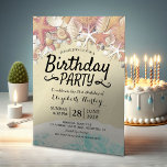 Summer Beach Birthday Party Starfish Sea shells Invitation Postcard<br><div class="desc">Birthday Party Invitation Postcards - Summer Sandy Beach Write in Sand Text with Starfish and Seashells.
A Perfect Design for your Big Day. All text style,  colours,  sizes can be modified to fit your needs!</div>