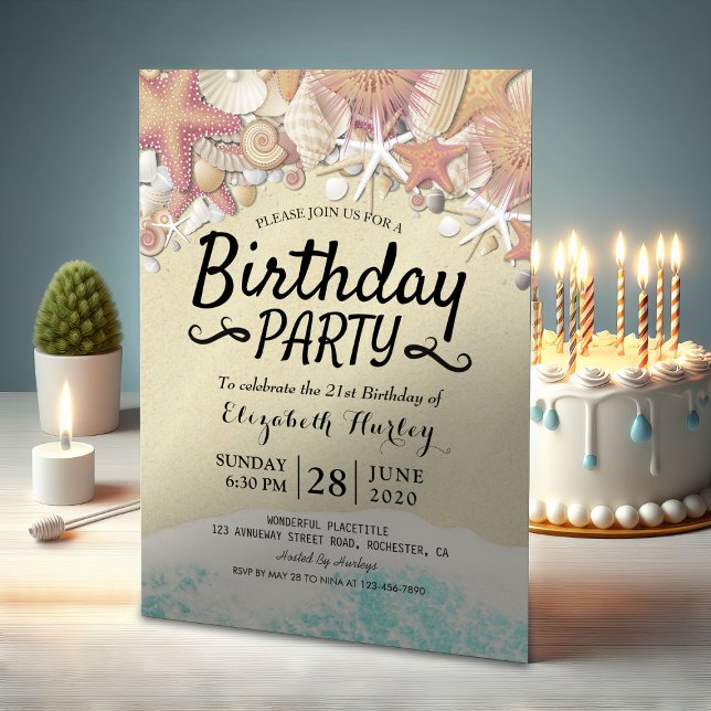 Summer Beach Birthday Party Starfish Sea shells Invitation Postcard (Creator Uploaded)