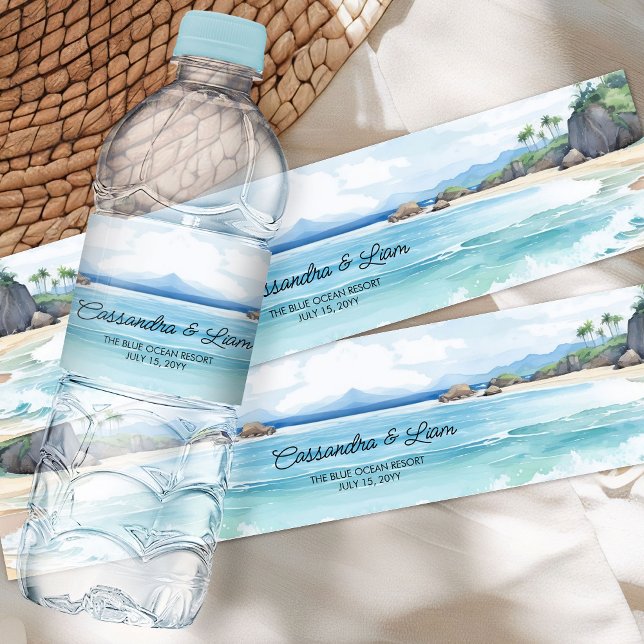 Summer Beach Blue Ocean Seascape Wedding Water Bottle Label (Water Bottle Labels from the Summer Beach Wedding Collection by Darling & May)