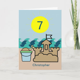 Summer Beach Blue Pail Sandcastle 7th Birthday Card