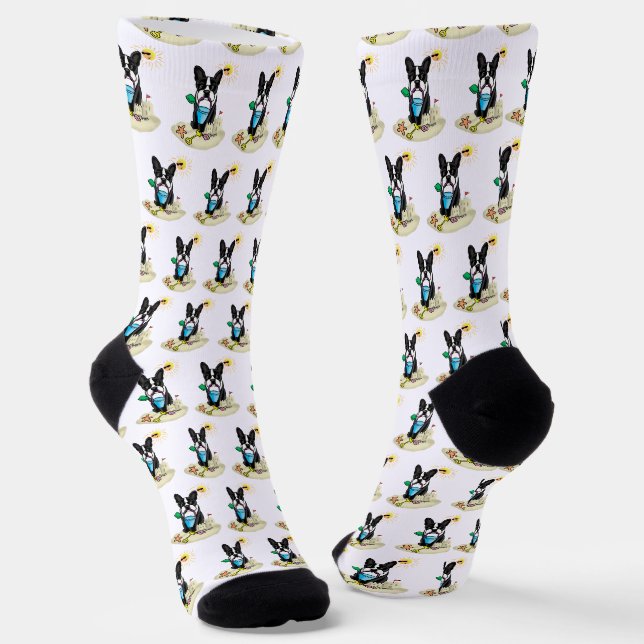 Summer Beach Boston Terrier (black) - Cute Dog Socks (Angled)