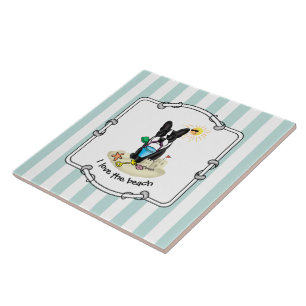 Summer Beach Boston Terrier Dog (black) Cute Ceramic Tile