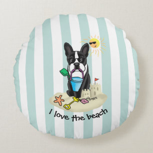 Summer Beach Boston Terrier Dog (black) Cute Round Cushion
