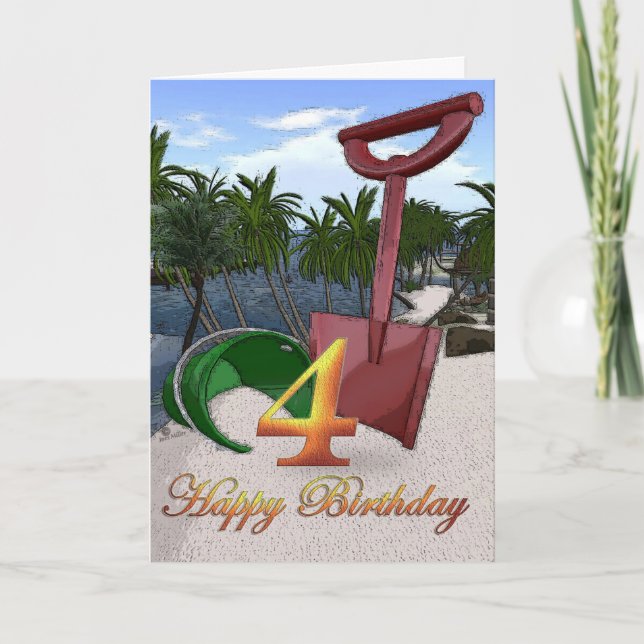 Summer beach bucket Happy 4th Birthday Palm trees  Card (Front)
