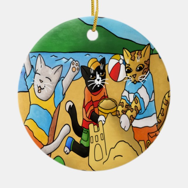 Summer Beach Cats Ceramic Ornament (Front)