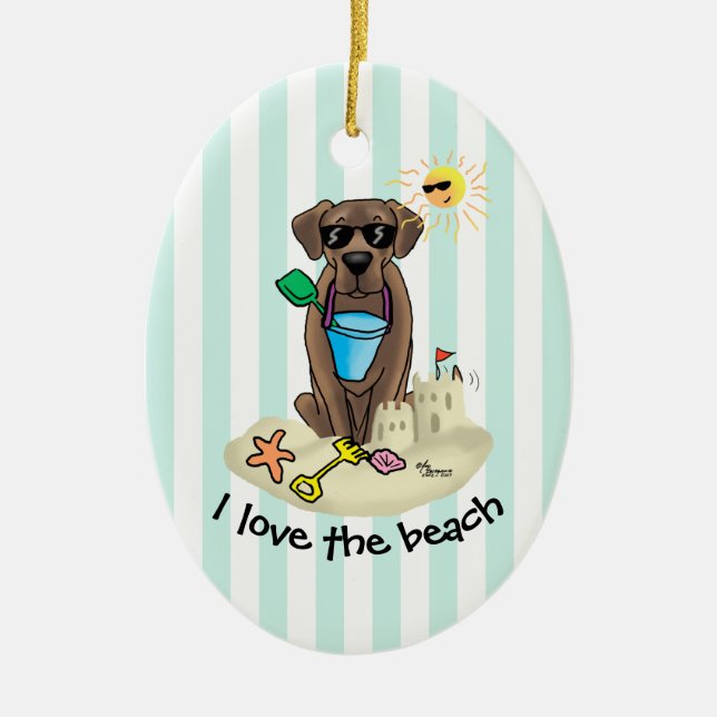 Summer Beach Chocolate Lab Dog Labrador Retriever Ceramic Ornament (Front)