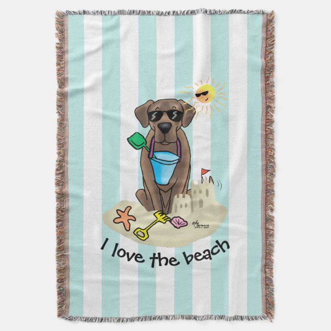 Summer Beach Chocolate Lab Dog Labrador Retriever Throw Blanket (Front Vertical)