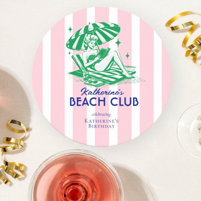 Summer Beach Club Pink Stripes Birthday Party Round Paper Coaster (Creator Uploaded)