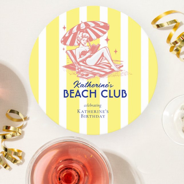Summer Beach Club Yellow Stripes Birthday Party Round Paper Coaster (Creator Uploaded)