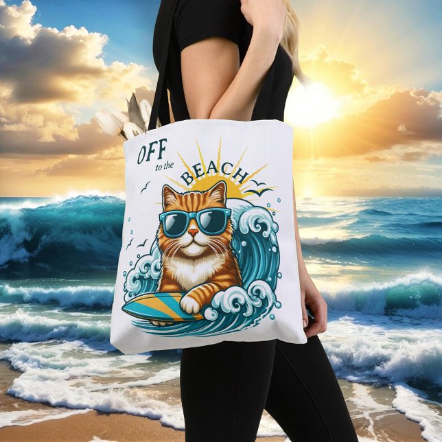 Summer Beach Cool Surf Cat Tote Bag (Tote bag featuring a cute kitty with sunglasses on a surf board on the waves and a warm summer sun. )