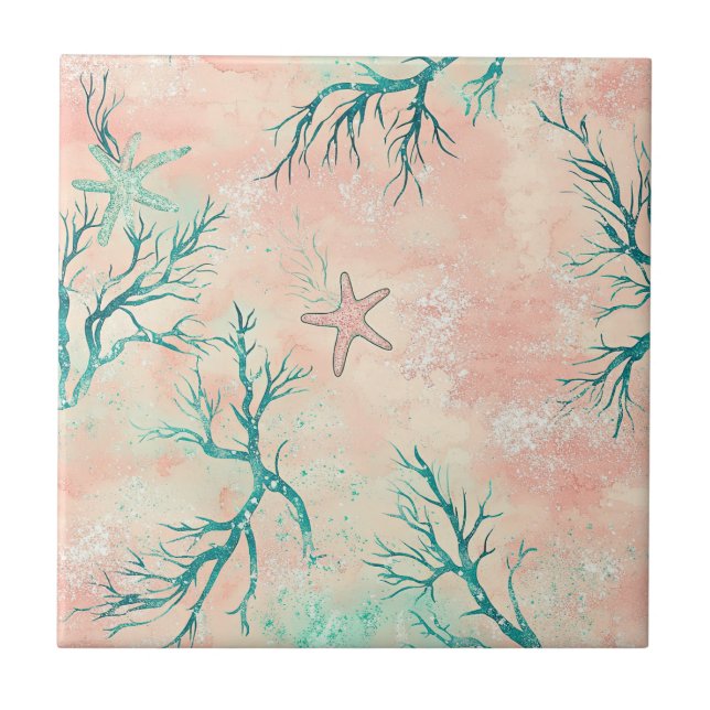 Summer Beach Coral Pattern Ceramic Tile (Front)