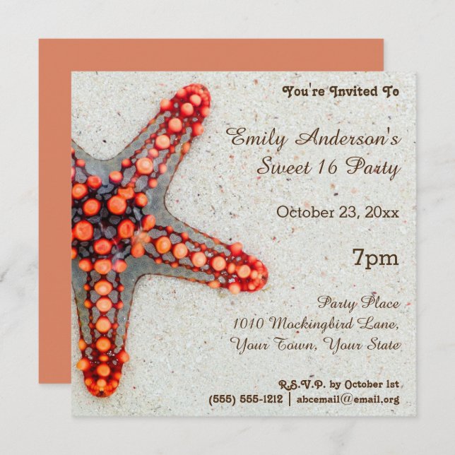 Summer Beach Coral Starfish Sweet 16 Birthday Invitation (Front/Back)