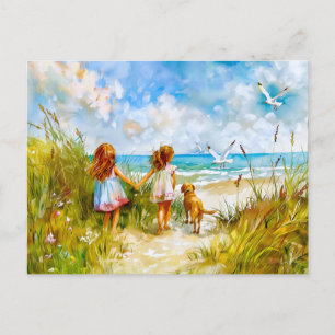 Summer Beach Day with Girls and Dog Holiday Postcard