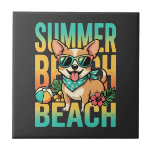 Summer Beach Dog Vacation Vector Ceramic Tile