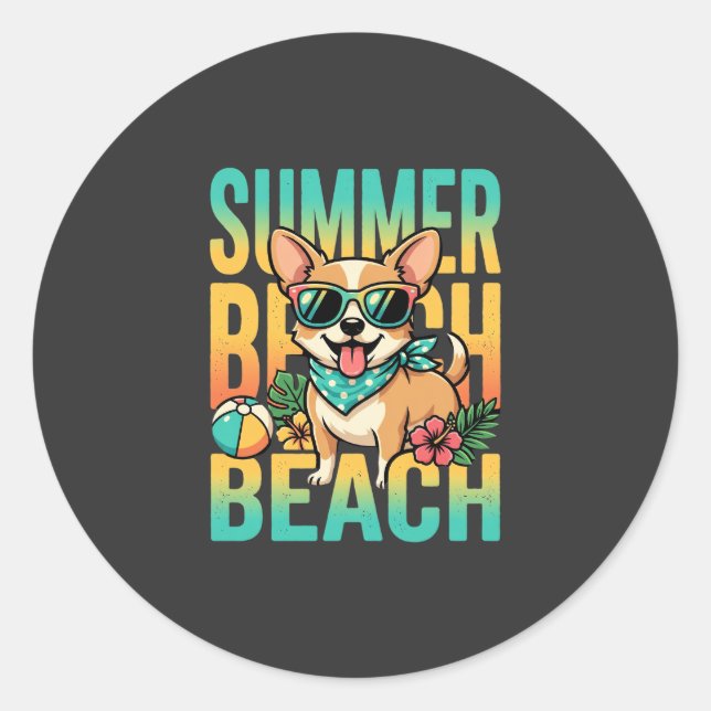 Summer Beach Dog Vacation Vector Classic Round Sticker (Front)