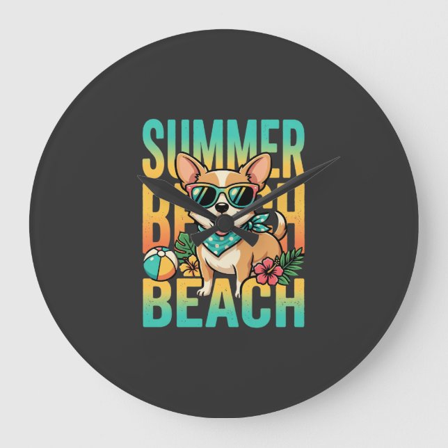 Summer Beach Dog Vacation Vector Large Clock (Front)
