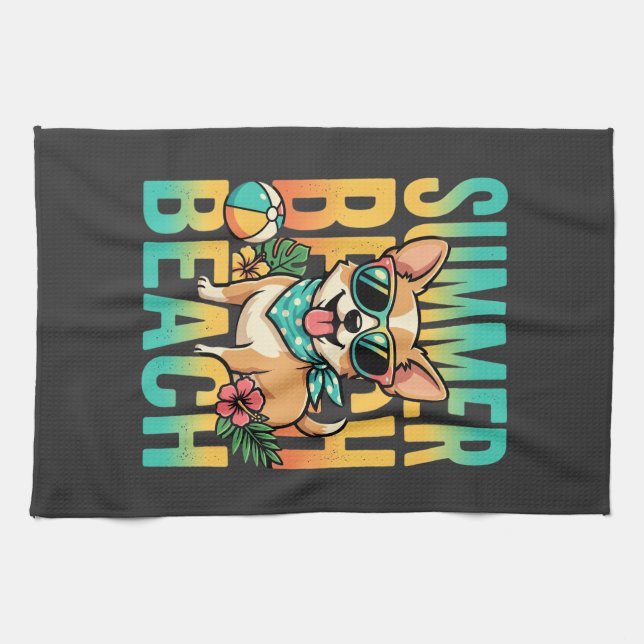 Summer Beach Dog Vacation Vector Tea Towel (Horizontal)