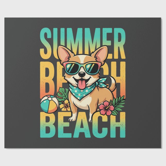 Summer Beach Dog Vacation Vector Wrapping Paper (Flat)