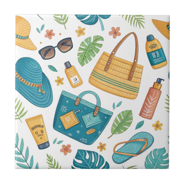 Summer Beach Essentials Pattern (1) Ceramic Tile (Front)