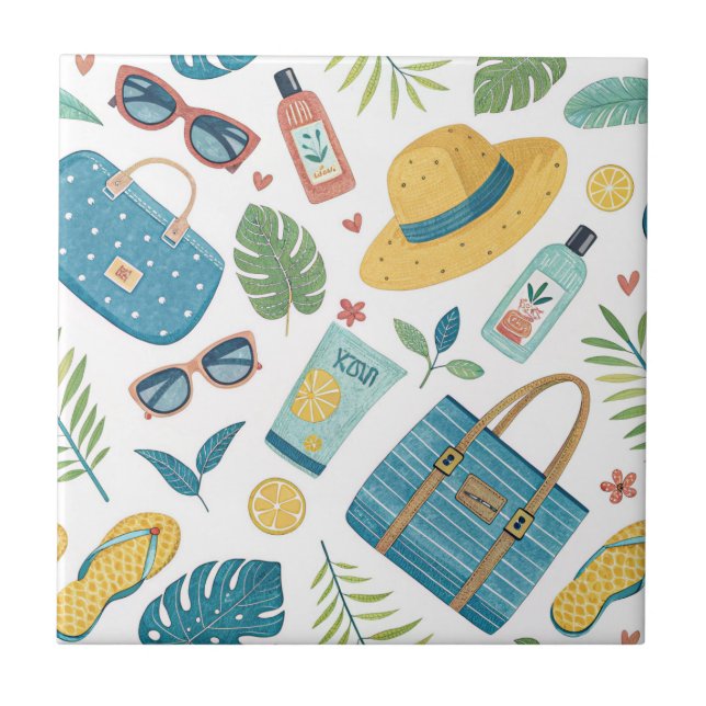 Summer Beach Essentials Pattern (2) Ceramic Tile (Front)
