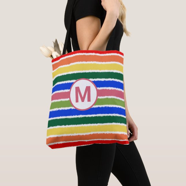 Summer Beach Fun Rainbow Stripes Monogram Tote Bag (Close Up)