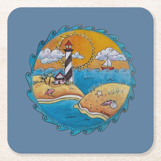 Summer beach fun sunny seashore coastal square paper coaster (Front)