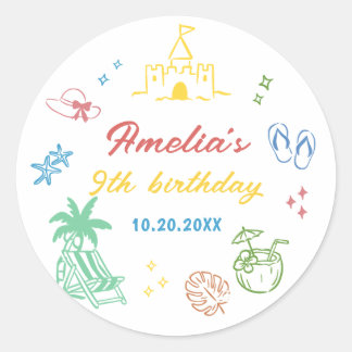 Summer Beach Girl Birthday Favour Classic Round Sticker