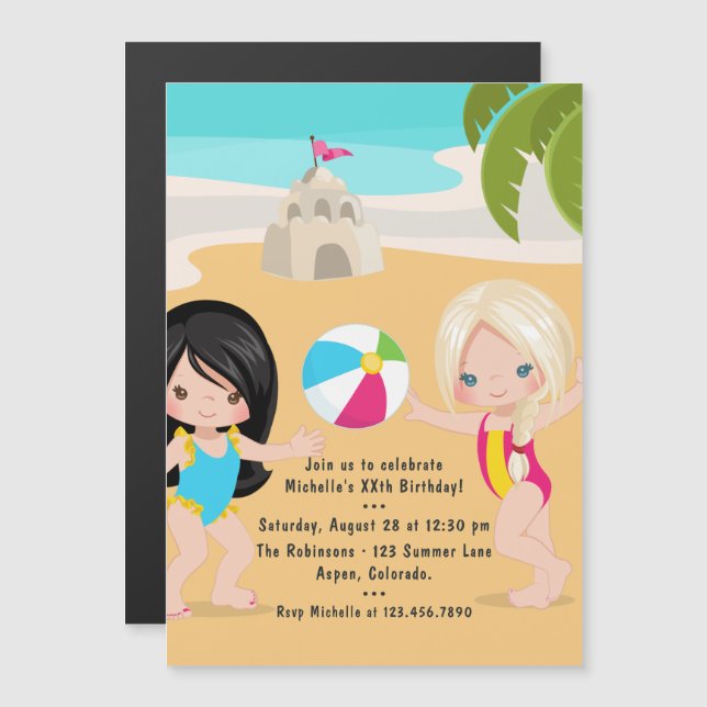Summer Beach Girl Birthday Party Magnetic Invitation (Front/Back)