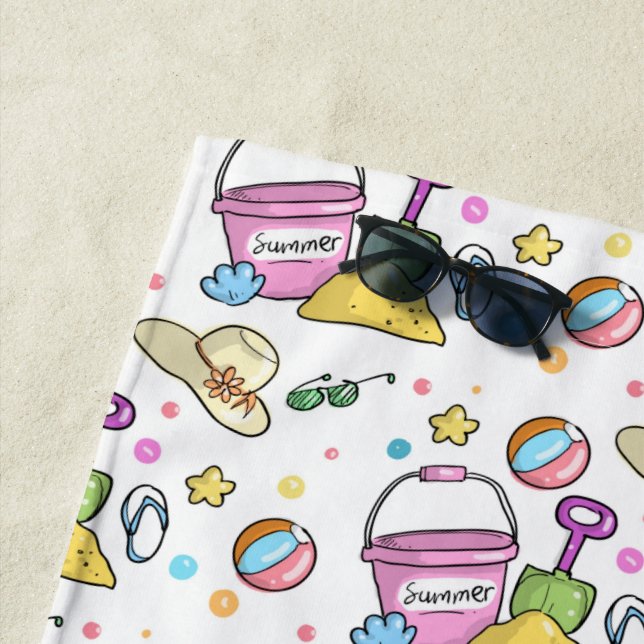 Summer Beach Holiday Doodles Pattern Beach Towel (In Situ)