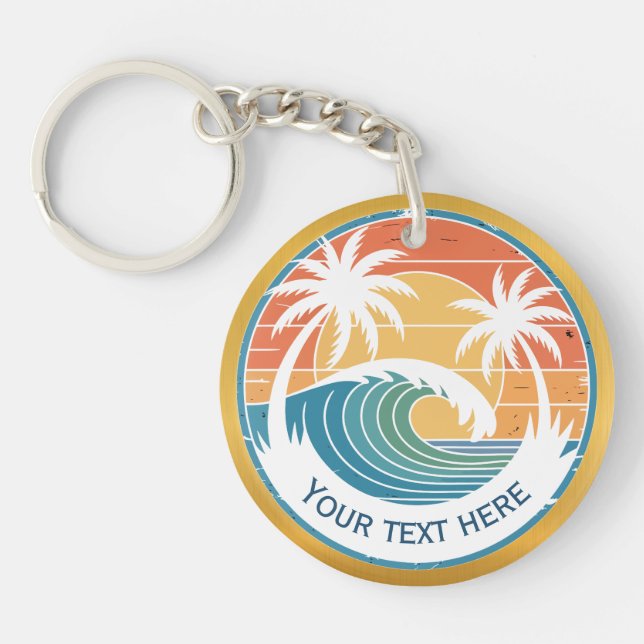 Summer Beach I Retro Sunset Surf and Palm Trees Key Ring (Front)