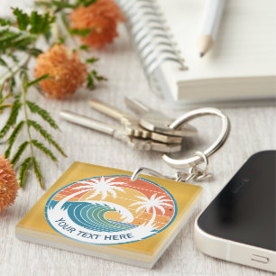 Summer Beach I Retro Sunset Surf and Palm Trees Key Ring