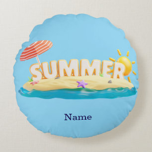 Summer Beach Island 3D Trendy Tropical Vacation Round Cushion