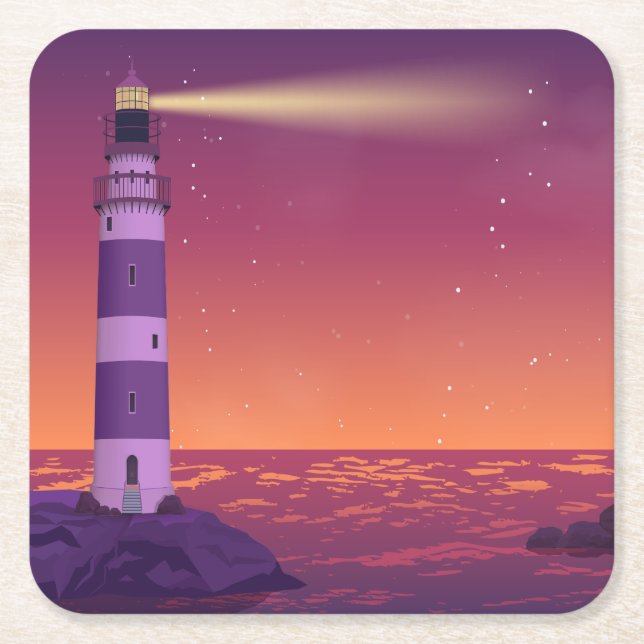 Summer Beach Lighthouse Nautical Wedding Square Paper Coaster (Front)
