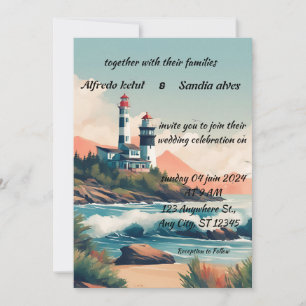 summer beach Lighthouse watercolor wedding Invitat Invitation